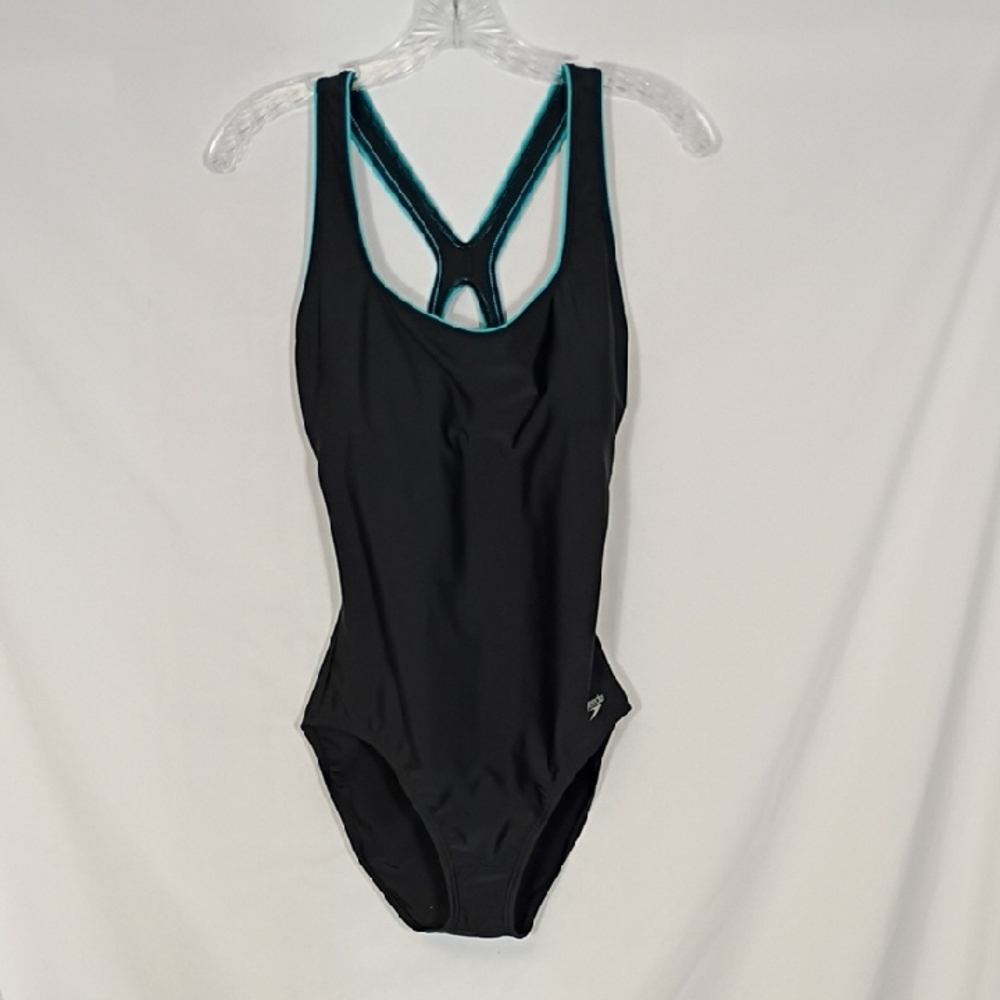 EUC Black and Teal Speedo women's Ultraback one-piece swimsuit Size 12